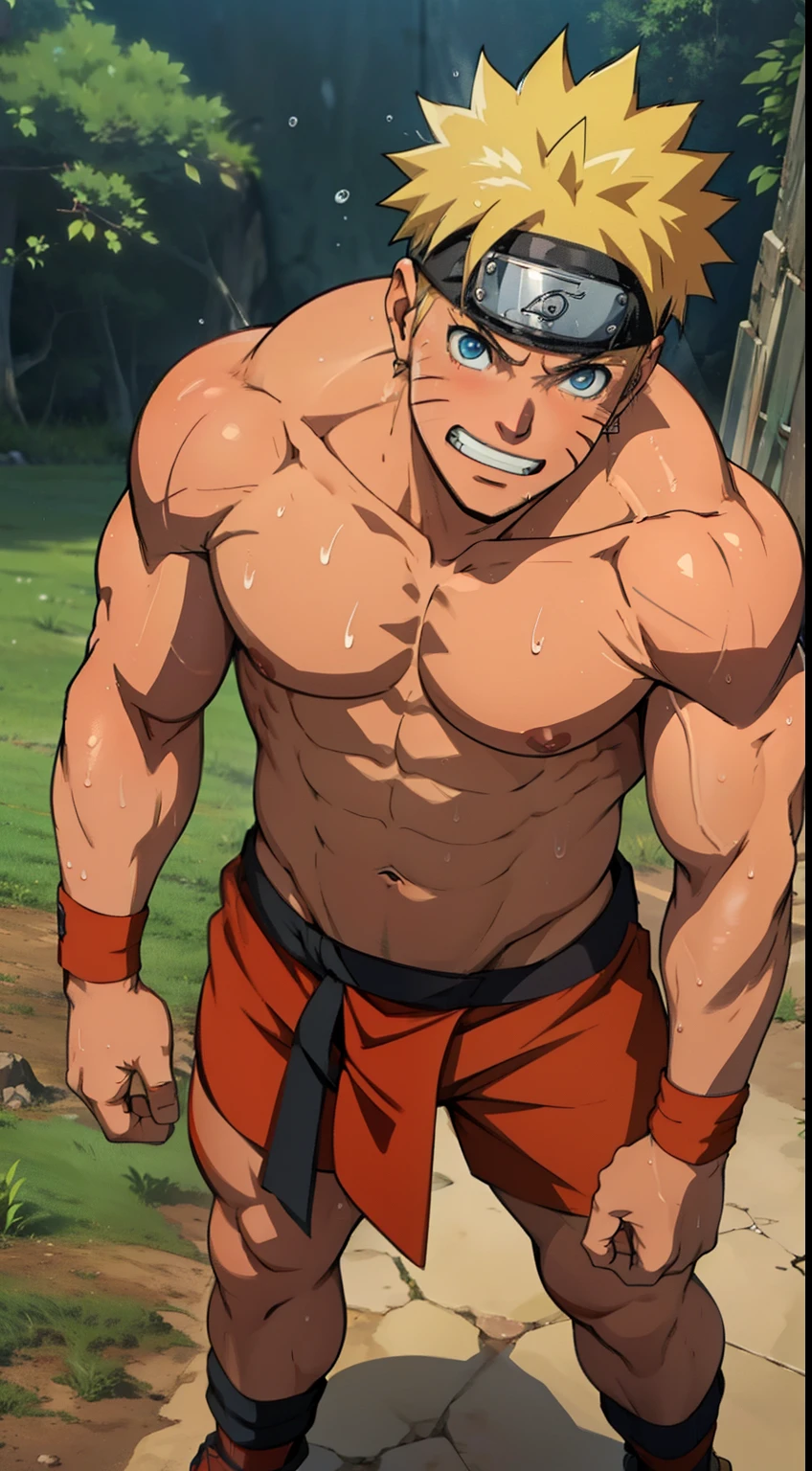 (Full body)  (photo angle from bottom up )( art of anime Naruto)   red skin ,sunburned red skin, boy was shy and blushed (photo subject: Close-up of muscular thigh muscles )standing (photo angle from the ground upwards) [Anime photo][highest quality photo][4k,HD photo quality ] eyes blue , main wear tight and short loincloths soaking wet,the loincloth bulges (muscular thigh muscles, firm thigh muscles, muscular thigh muscles, sinewy thigh muscles, giant thigh muscles, strong leg muscles, muscular hamstring leg muscles) , bodybuilder,bodybuilding, standing, pink skin, rosy skin , lots of sweat flowing down,sweat profusely, drenched in sweat, a lot of sweat running down the body, topless, shirtless, hot sunny , blue eyes, cute face, cute , cool face, 2 arms spread wide