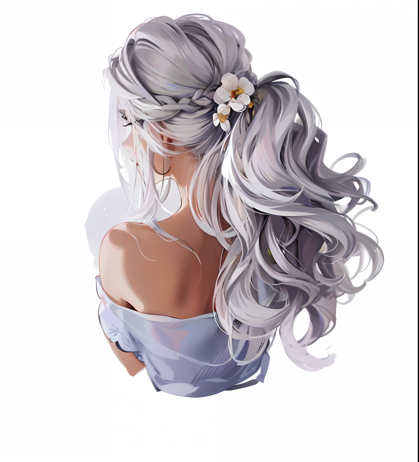 um close up de uma mulher com um cabelo comprido e uma flor no cabelo, menina prata rabo de cavalo cabelo, cabelos pretos com brilho (rabo-de-cavalo), cabelo branco bonito, rabo de cavalo de cabelo prateado, menina do cabelo prateado, cabelo bonito, menina cabelo prateado, cabelo de rabo de cavalo prateado, cabelos brancos cacheados, arte bonita, flowy white grey hair, trending on artstration, cabelos brancos cacheados