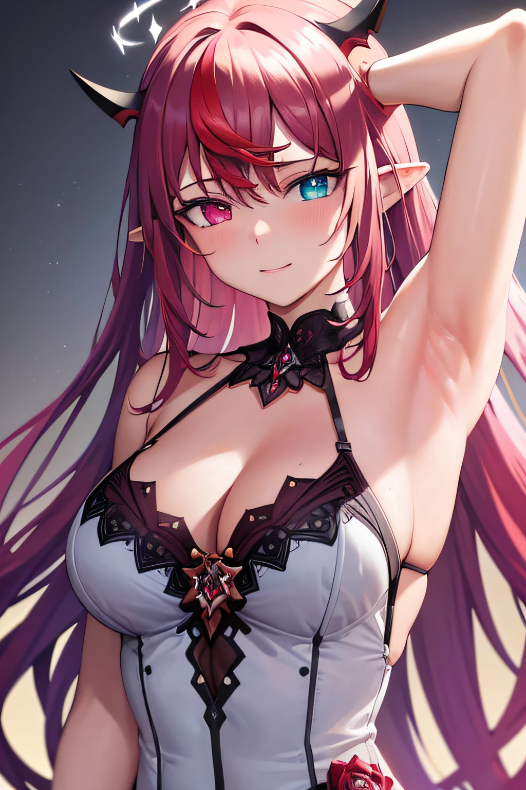 masterpiece, ultra-detailed, best quality, highly detailed face, highly detailed eyes, highly detailed armpit, perfect lighting, IrysHolo, heterochromia, long hair, halo, cleavage