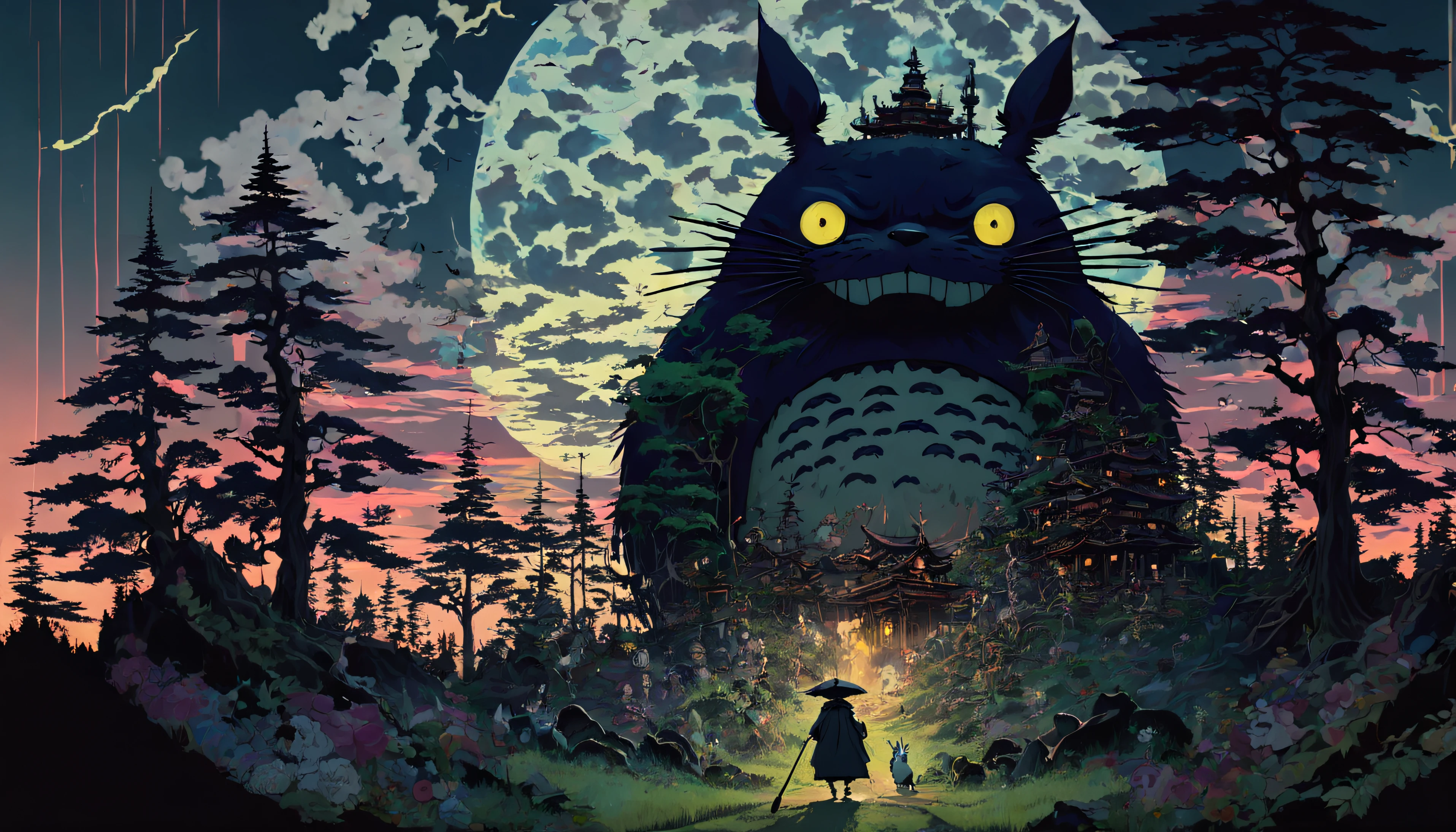 scary shinigami totoro god of death in a beautiful yet dark scary studio ghibli style land