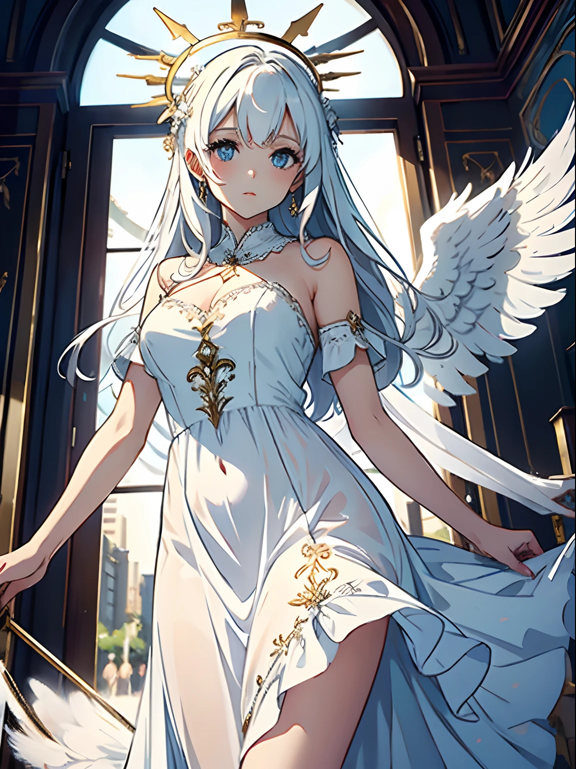 Beautiful angel in white dress, Art stands tall, Halo, White feathers