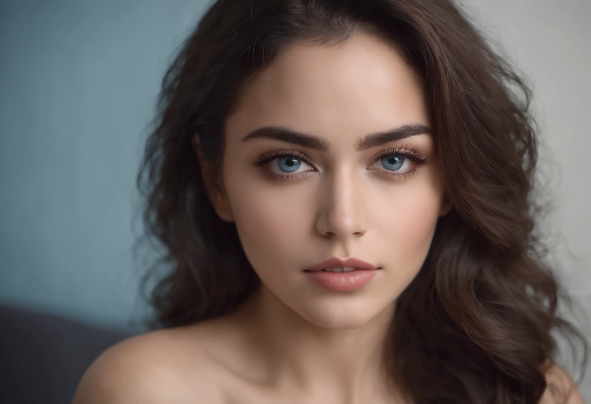 chica rumana sexy, cabello negro rizado, ojos azules, Fondo del dormitorio, cuerpo completo, desnuda, piernas abiertas