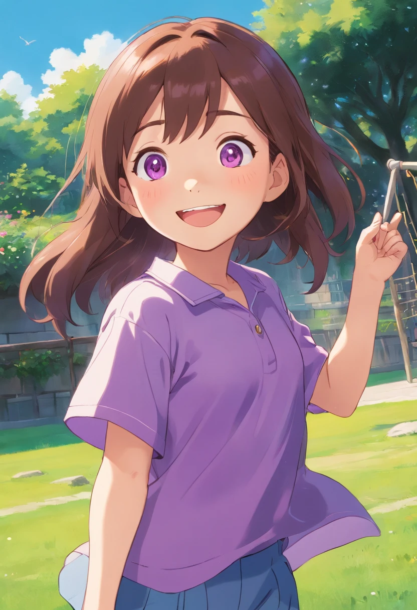 , showing her shirt,purple shirt,smiling face,brown hair bouncing,sparkling eyes,rosey cheeks,playground background,sunny day,summer vibes,beautiful lighting,soft shadows,candid moment,vibrant colors,joyful expression,cute pose