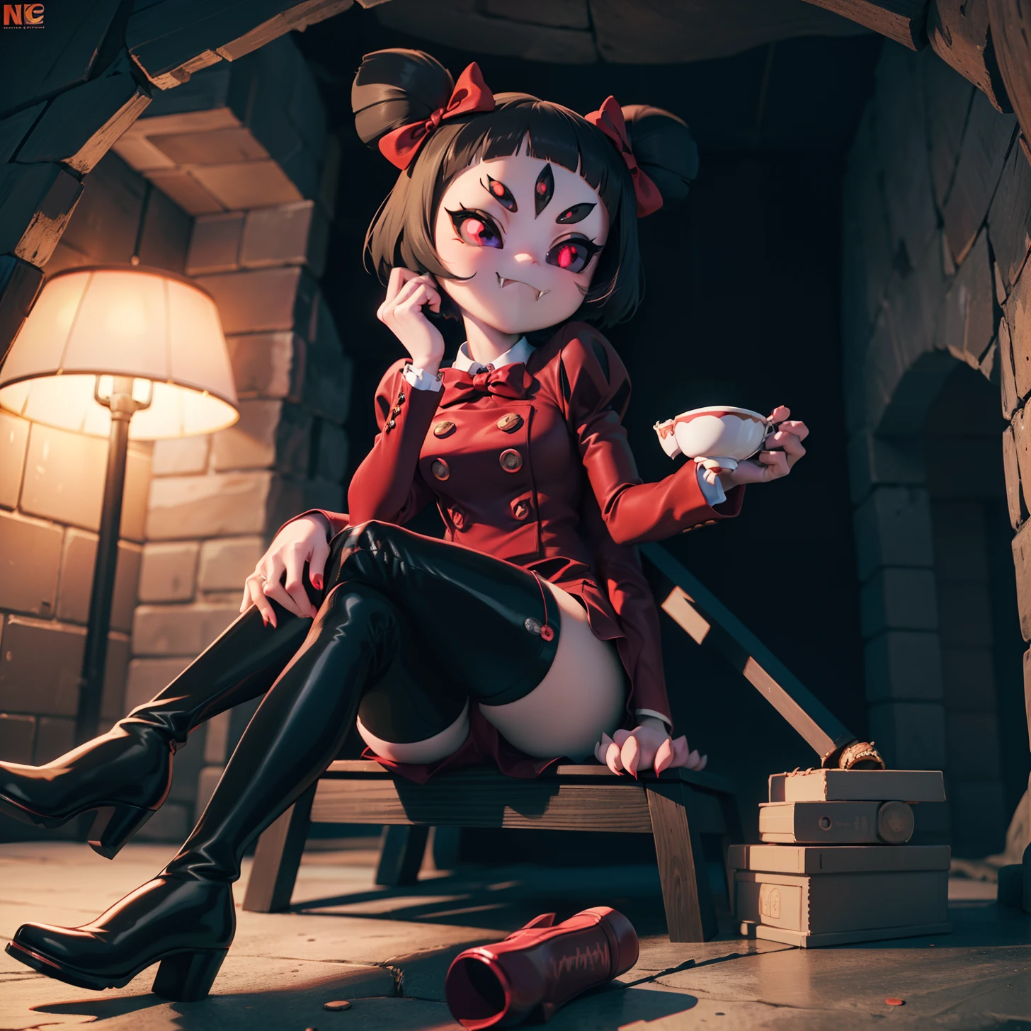 [muffet_(undertale)], [uploaded to e621.net; (napalm_express), (iseenudepeople)], ((masterpiece)), ((HD)), ((High definition)), ((detailed shading)), ((solo portrait)), ((full body)), ((front view)), ((beautiful render art)), ((monster girl)), {(spider girl); purple skin, glowing red eyes, 5 eyes, black hair, (2 hair buns), (6 arms), (sharp claws), (fangs), (excited expression)}, {(puffy red rompers), (buttons), (black knee high heel boots)}, {(sitting on fancy chair), (legs crossed), (holding teacup)}, [Background; (cave:1.2), (webs), (dark lighting), (spiders)]