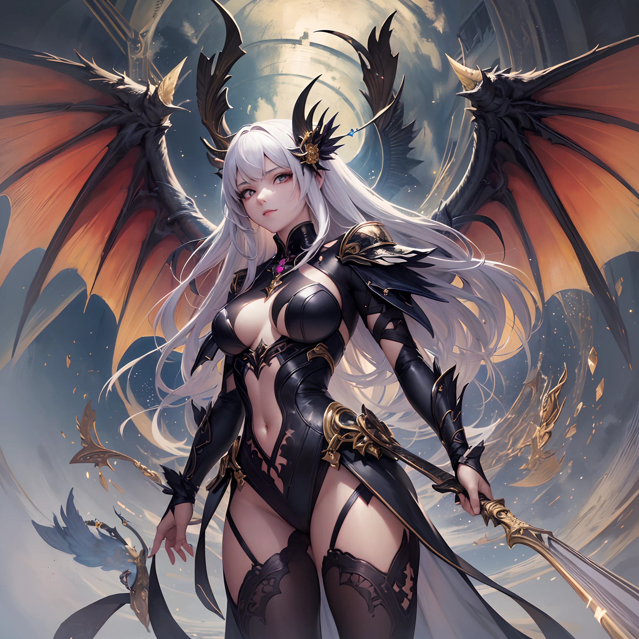 (Finest quality)),(超A high resolution),(ultra-detailliert),(Meticulous portrayal),((best pictures)),(Finest works of art),Ultra-Precision Art,The art of astounding depiction, Fantasyart:1.5, (1人の女性:1.5),Angel and demon fusion,demonic wings:1.4,the angel's wings:1.4,