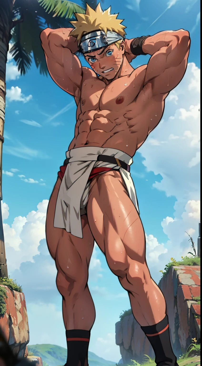 (Full body)  (photo angle from bottom up )( art of anime Naruto)   red skin ,sunburned red skin, boy was shy and blushed (photo subject: Close-up of muscular thigh muscles )standing (photo angle from the ground upwards) [Anime photo][highest quality photo][4k,HD photo quality ] eyes blue , main wear tight and short loincloths soaking wet,the loincloth bulges (muscular thigh muscles, firm thigh muscles, muscular thigh muscles, sinewy thigh muscles, giant thigh muscles, strong leg muscles, muscular hamstring leg muscles) , bodybuilder,bodybuilding, standing, pink skin, rosy skin , lots of sweat flowing down,sweat profusely, drenched in sweat, a lot of sweat running down the body, topless, shirtless, hot sunny , blue eyes, cute face, cute , cool face,  2 arms spread out to the sides
