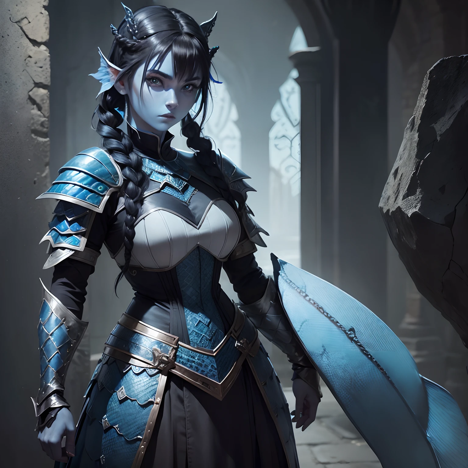 (( fish woman)) ((blue skin color)), ((scaly skin)), wearing medieval soldier clothes, ((fish caudal fin ears)), chainmail armor, ((french braid coiffure hair)), (((black hair))), serious face