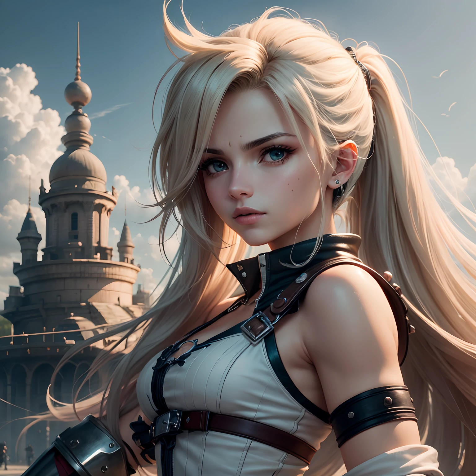 um close up de uma pessoa com uma espada em uma cidade, conflito de nuvens, Retrato de Cloud Strife, de Final Fantasy VII, Final Fantasy 7, de ff7, ff 7, Cloud, de Final Fantasy, cara de Final Fantasy, personagem de Final Fantasy, Final Fantasy, Fantasia Final, Final - Fantasia, quadrado enix, Fantsy final, foto de retrato em close-up