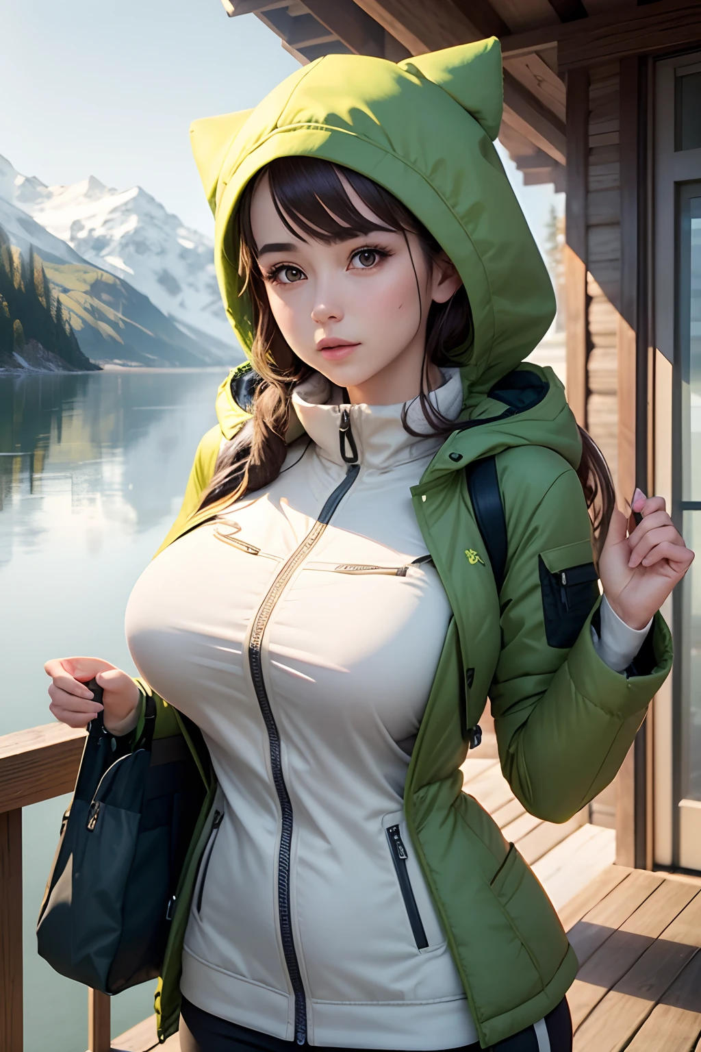 Make a woman with big breast, Black long winterjacket , with open zipper, with face, body, Lakeside house, travel bag, dog nude