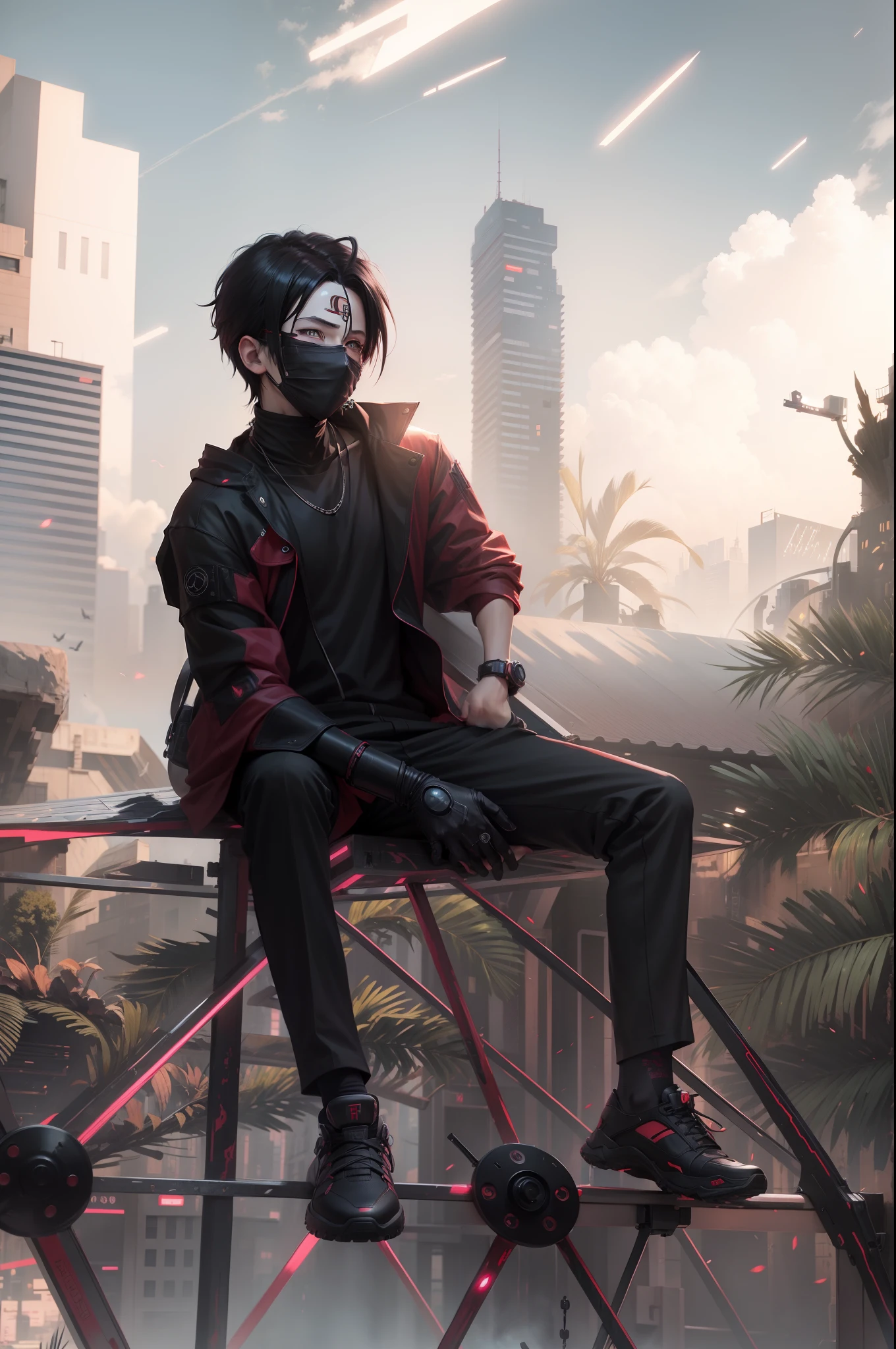 1 boy, uchiha itachi from naruto anime, real face, anime style, cyberpunk style, black clothes, cyberpunk --q 0.25