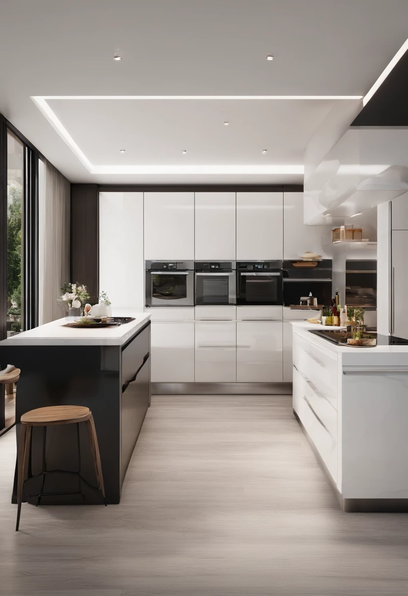 There is a kitchen with a table, cadeiras, stove, refrigerator and white furniture made rises measure in it, sophisticated and luxurious decoration ultra realistic and modern create 10 images