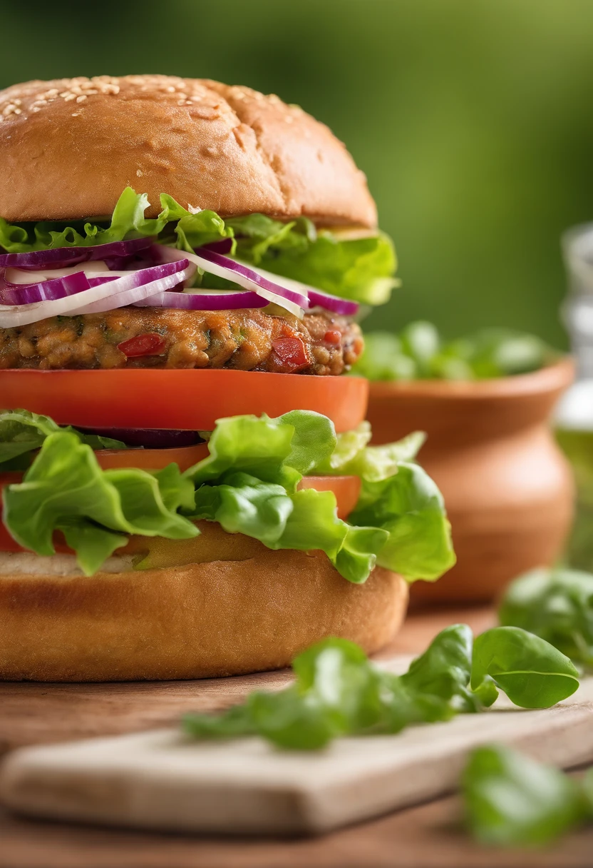 A mouth-watering Chickpea Burger, stacked with fresh lettuce, tomato, and vegan cheese, medium: ultra-realistic photography, style: inspired by the vibrant and youthful aesthetics of vegan food blogs, lighting: bright, direct light from the front to make the colors pop, colors: vibrant greens and reds contrasted with the earthy tones of the chickpea patty, composition: shot with a Hasselblad H6D-100c, HC 80mm f/2.8 lens, Resolution 100 megapixels, ISO 64, Shutter speed 1/125 second, aperture f/8, focus on the cross-section of the burger to reveal the texture of the chickpea patty. --ar 16:9 --v 5.1 --style raw --q 2 --s 750