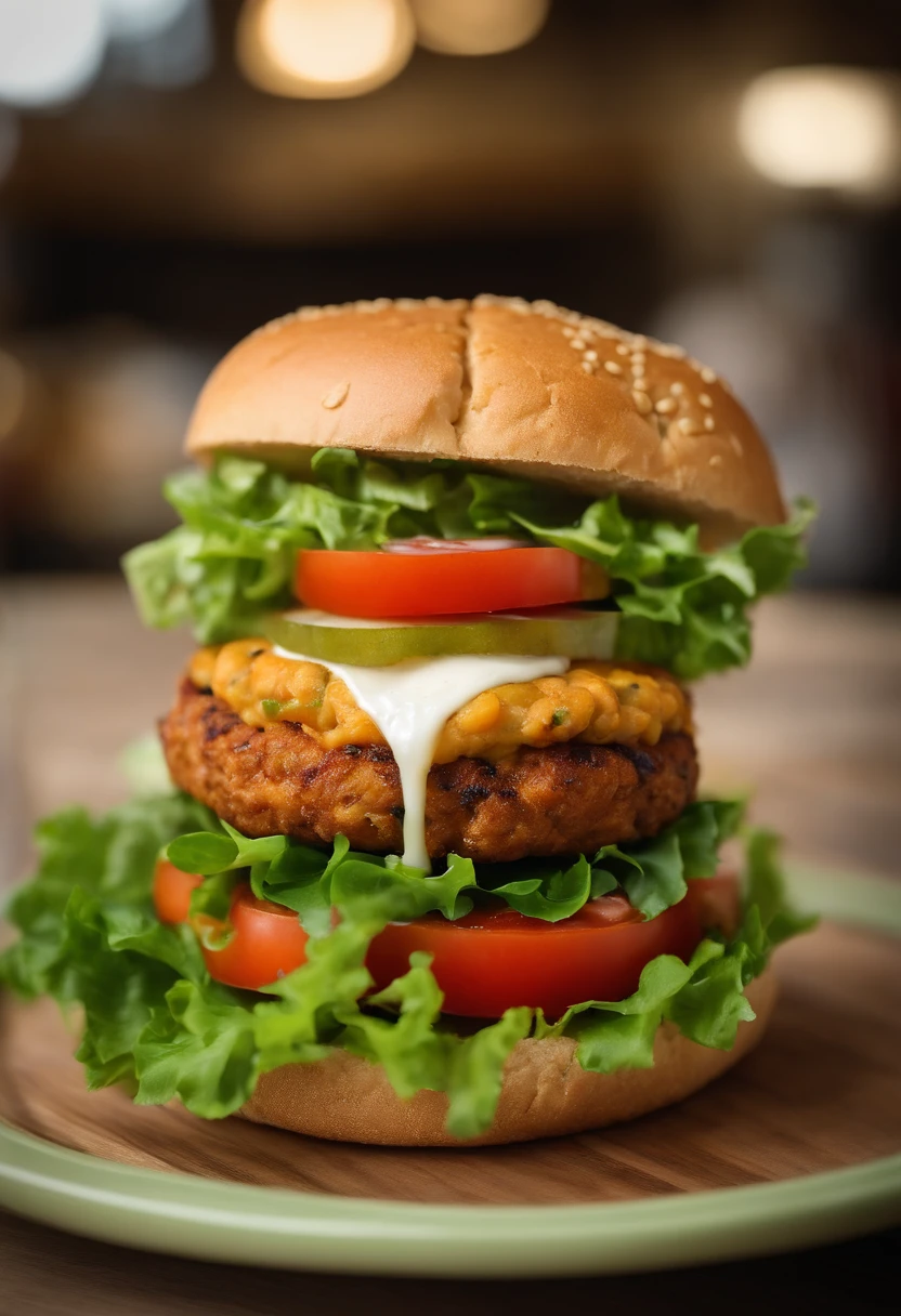 A mouth-watering Chickpea Burger, stacked with fresh lettuce, tomato, and vegan cheese, medium: ultra-realistic photography, style: inspired by the vibrant and youthful aesthetics of vegan food blogs, lighting: bright, direct light from the front to make the colors pop, colors: vibrant greens and reds contrasted with the earthy tones of the chickpea patty, composition: shot with a Hasselblad H6D-100c, HC 80mm f/2.8 lens, Resolution 100 megapixels, ISO 64, Shutter speed 1/125 second, aperture f/8, focus on the cross-section of the burger to reveal the texture of the chickpea patty. --ar 16:9 --v 5.1 --style raw --q 2 --s 750