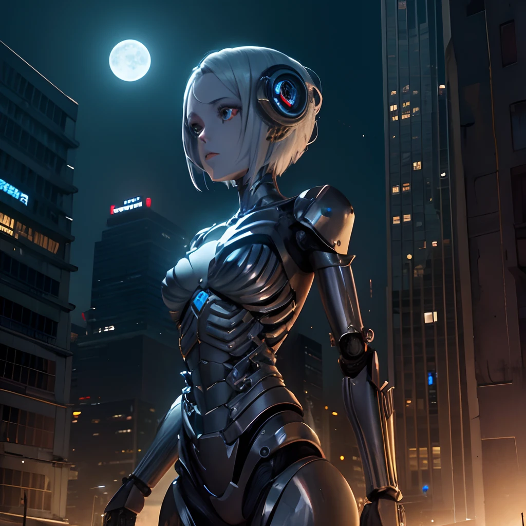 Metallic skeleton, Female Robot, (surreal) 8K, It's in the middle of an abandoned city with dark details all around it, With the moon in the sky, The cyberpunk, Future City,