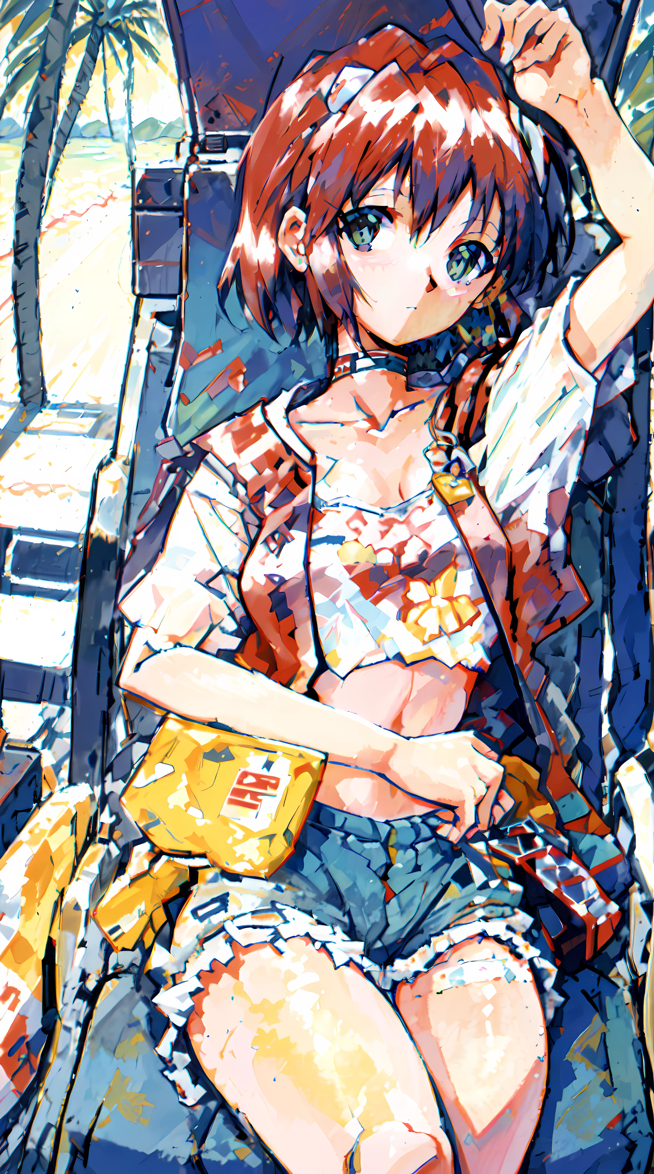 POV,1girl, beach, sitting on a beach towel, short hair, glasses, t-shirt, shorts, cap, blush, summer, soda can, bag,ultra high res, 16K,