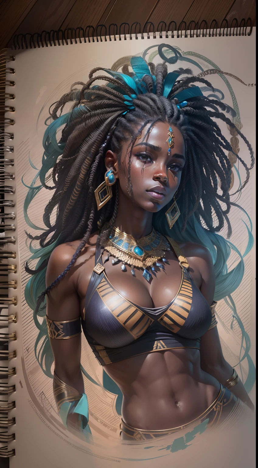 Top CG，（tmasterpiece），（Insane details），（Ultimate quality），1fille，African goddess Yemanja, Coloration, La domination du bleu, Corps parfaits, Sketchbook, hand-painted, obscurely, bravoure, realistic sketch, croquis approximatif, A strong mix of dark colors and loose lines, Lignes en gras, Portraits,corps entieresbienne, Symbole africain, A symbol of water,Dark themes,  gros seins enchanteurs，dynamiquesposes