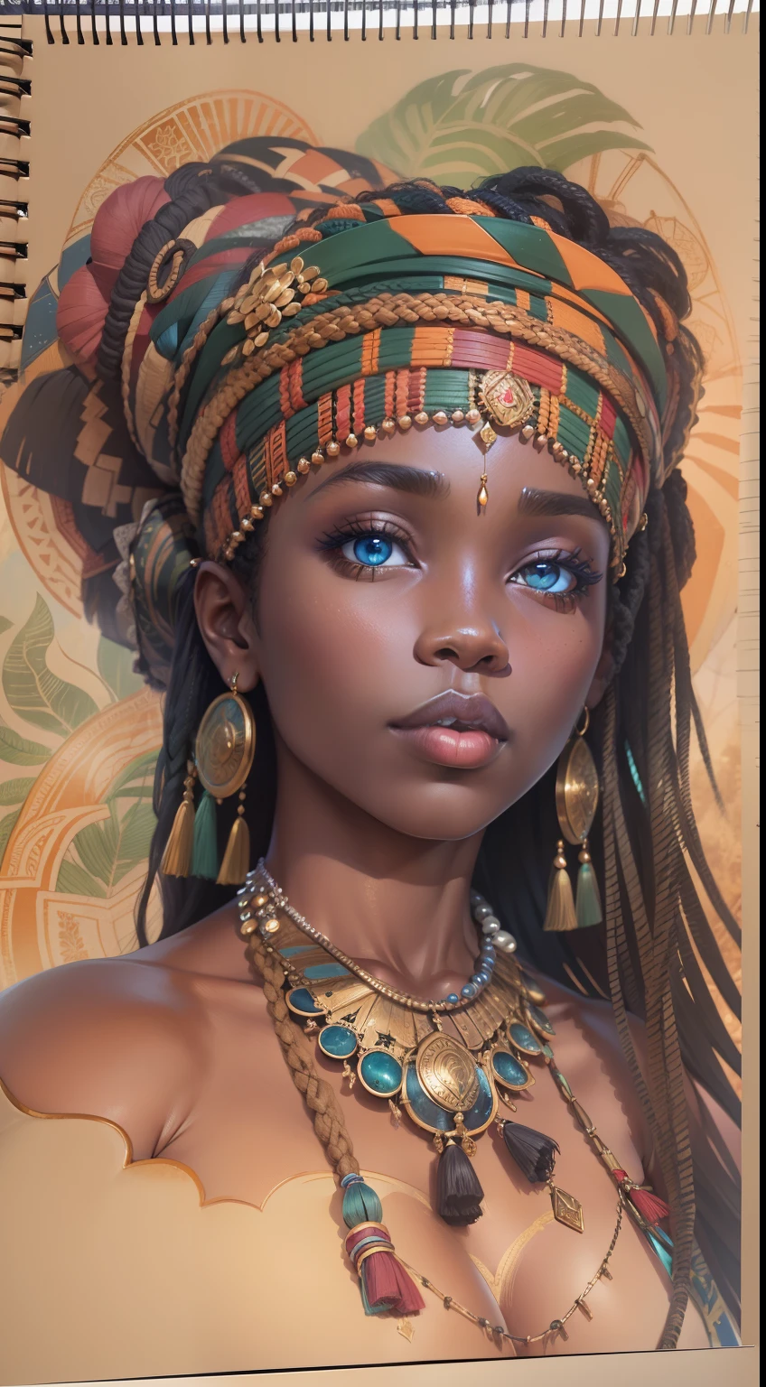 Top CG，（tmasterpiece），（Insane details），（Ultimate quality），1fille，African goddess Yemanja, Coloration, La domination du bleu, Corps parfaits, Sketchbook, hand-painted, obscurely, bravoure, realistic sketch, croquis approximatif, A strong mix of dark colors and loose lines, Lignes en gras, Portraits,corps entieresbienne, Symbole africain, A symbol of water,Dark themes,  gros seins enchanteurs，dynamiquesposes