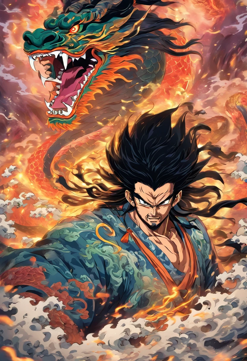Susanoo,God of Storms,Long black hair,Katana sword,Eight-headed dragon,Hydra, anger expression, Shui Mo Hua, lotus, Chinese painting style, Thangka style