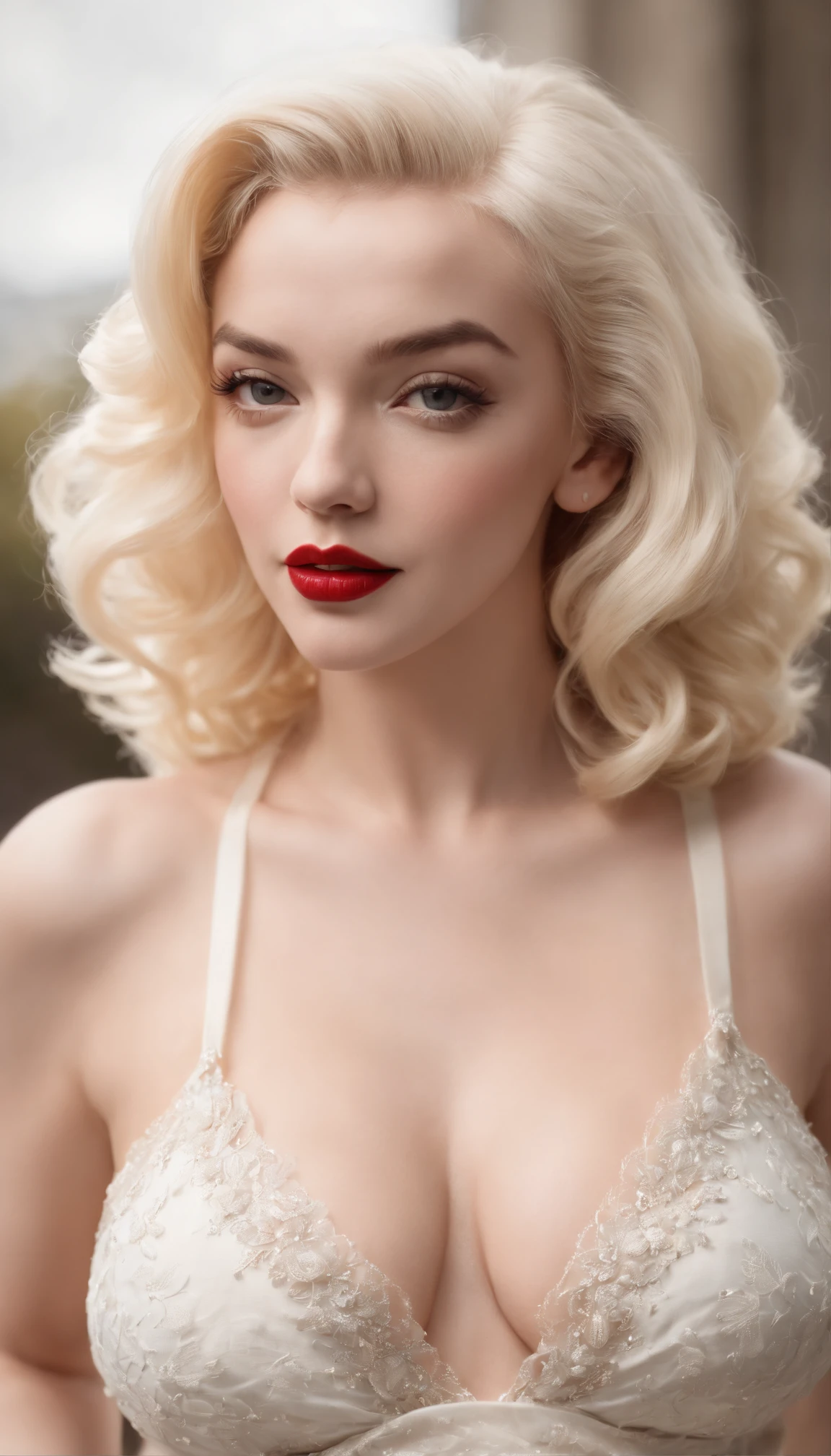 (professional 3d render:1.3) af (Realistic:1.3) most beautiful artwork photo in the world,Classic Hollywood glamour, white american blond girl, full body, from back,(young Marilyn Monroe Style), curvy_figure, standing_up, (masterpiece, best quality:1.4), (beautiful, aesthetic, perfect, delicate, intricate:1.2), (cute, adorable, smile), cinematic shot, natural lighting, (1girl, solo), white girl, full body, totally naked, show hairy , very hairy black like '70, (intense red lips) big boobs, big round ass, totally , (white woman, low tanned skin), black very hairy (perfect female form, perfect face, thick lips, glossy lips, parted lips, eyeliner), (blonde platinum not too much long hair), (great eyes) (big natural breasts, narrow waists), (small mole on the left cheek near the mouth) background of many roses petails, looking_at_viewer, Marilyn Monroe, captivating eyes,