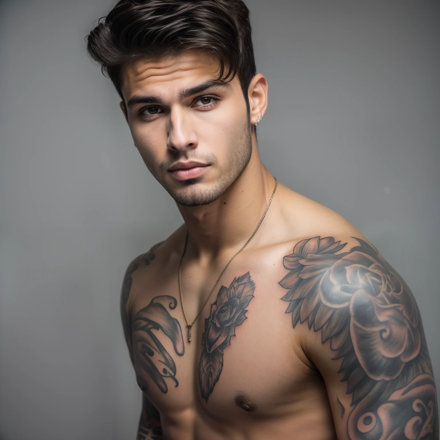 Boy with tattoos on his chest and arm, modelo masculino, rapaz magro com pele bronzeada clara, jovem bonito, Jovem com rosto bonito, com tatuagens, Retrato da parte superior do corpo, strong masculine features, headshot and bodyshot, rosto e corpo atraentes, jovem atraente, rosto detalhado, square jawline, modelo masculino jovem, jovem bonito, masculine features, Ryan Guzman 8k