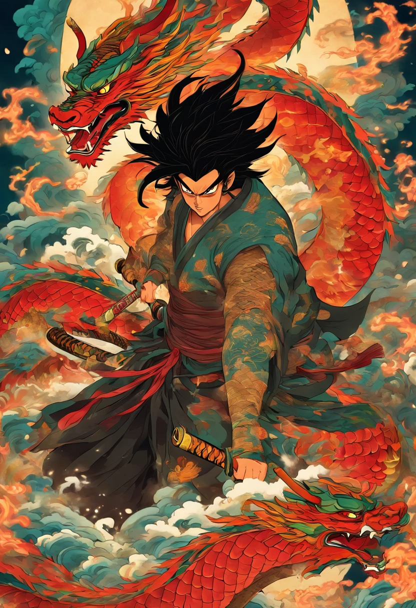 Homem cabelos pretos longos,Katana Espada,Eight-headed dragon,hidra, anger expression, Shui Mo Hua, lotuses, Estilo de pintura chinesa, Estilo Thangka
