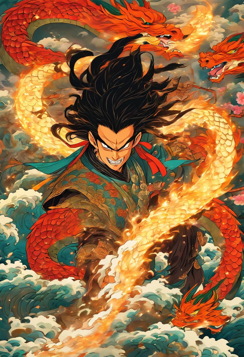 Homem cabelos pretos longos,Katana Espada,Eight-headed dragon,hidra, anger expression, Shui Mo Hua, lotuses, Estilo de pintura chinesa, Estilo Thangka
