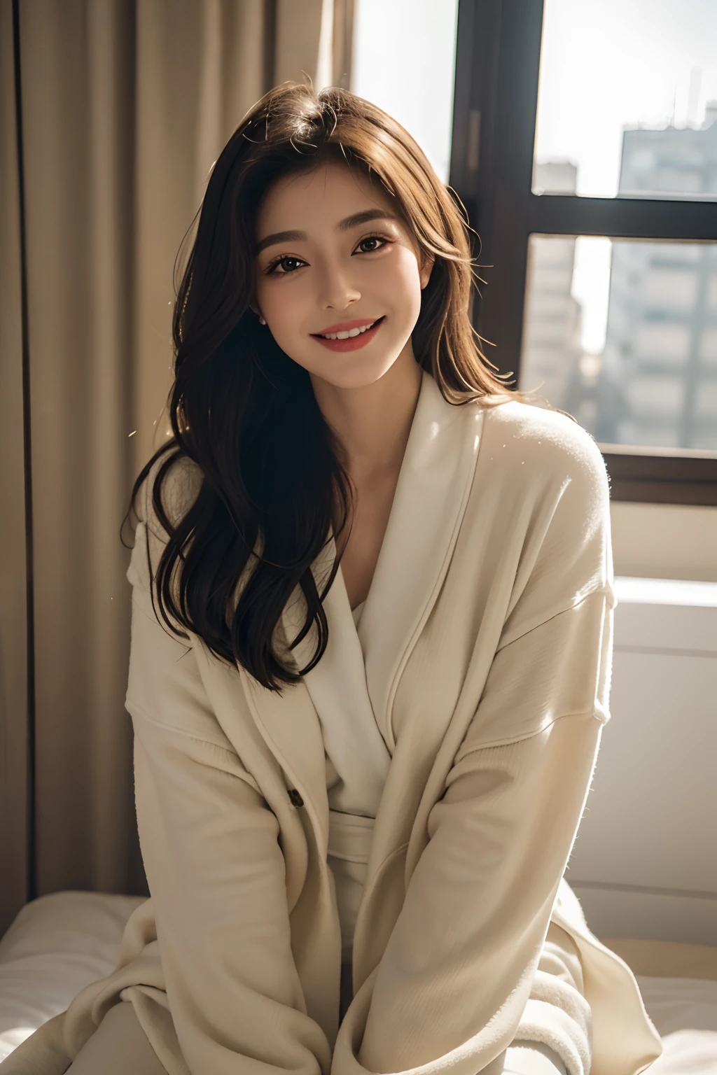 Realismo、qualidade superior、obra prima、超A high resolution、Fotorrealista、1 cinta、fora dos ombros、um sorriso、Oversized_sweater、soft lighting、pele detalhada、cabelos castanhos、bathrobe