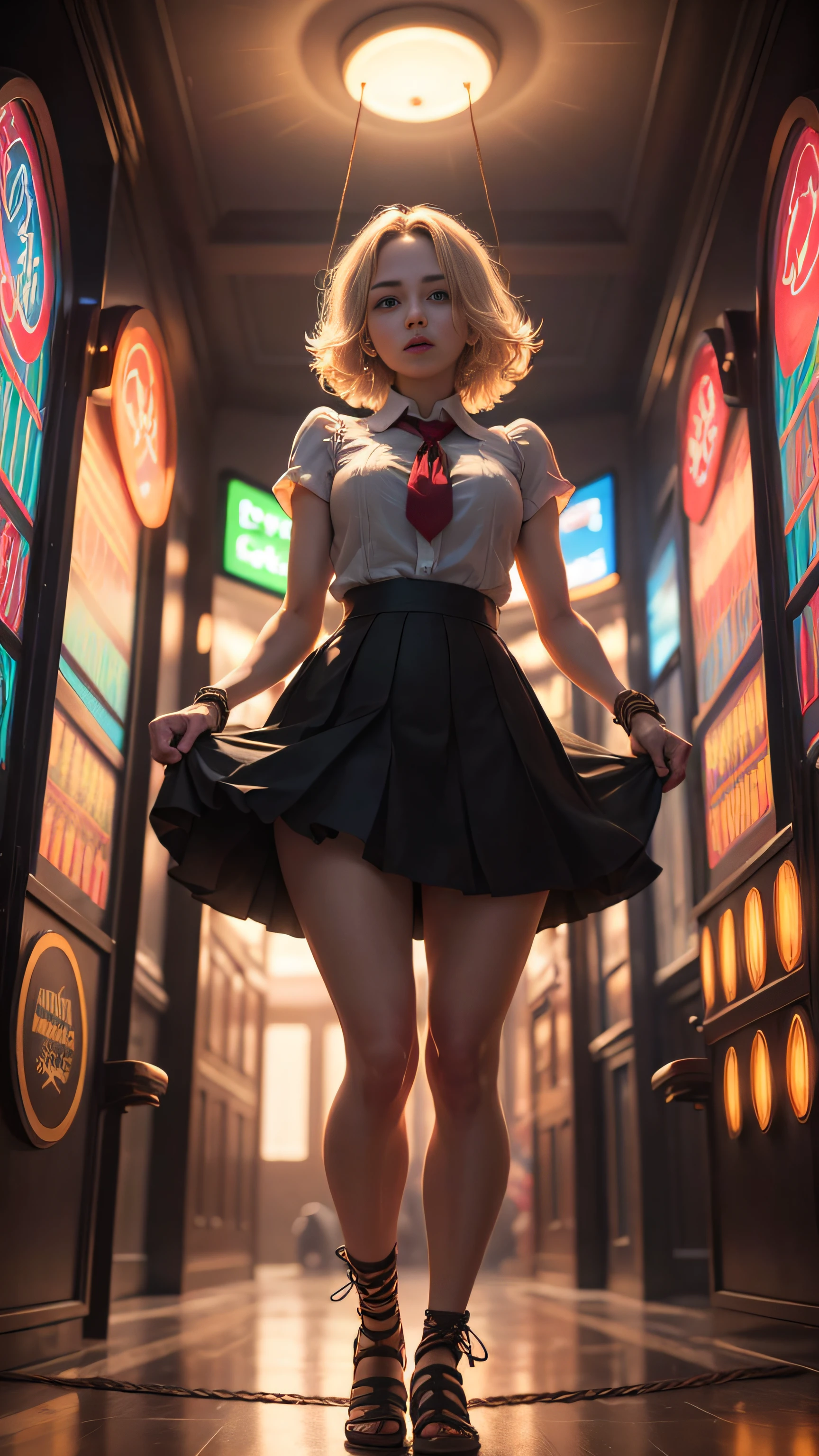 A girl in a skirt bent over and you can see tights and panties