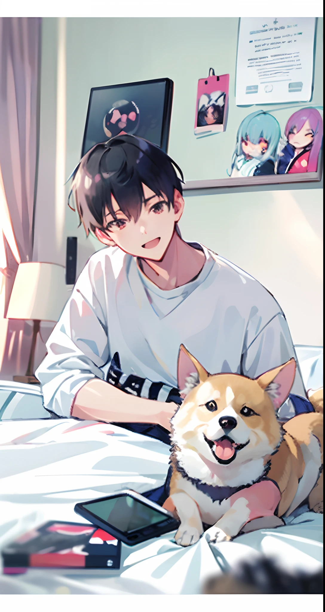 anime boy and dog on bed with laptop and phone, digital anime illustration, in anime style, in an anime style, artwork in the style of guweiz, high quality anime artstyle, shigenori soejima illustration, anime boy, made with anime painter studio, anime artstyle, anthropomorphic shiba inu, shuushuu anime image