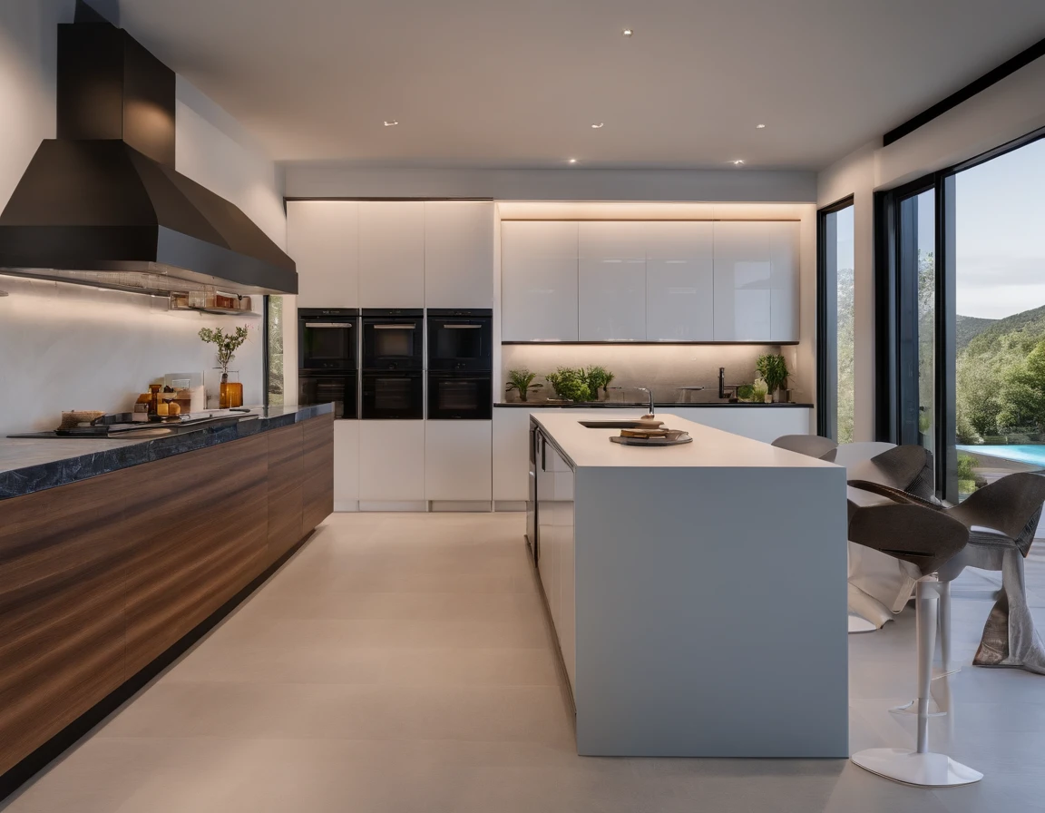 modern kitchen,Gorgeous renovation,Refrigerator,cupboard,Wide scene,in a panoramic view,from outside, UHD, high details