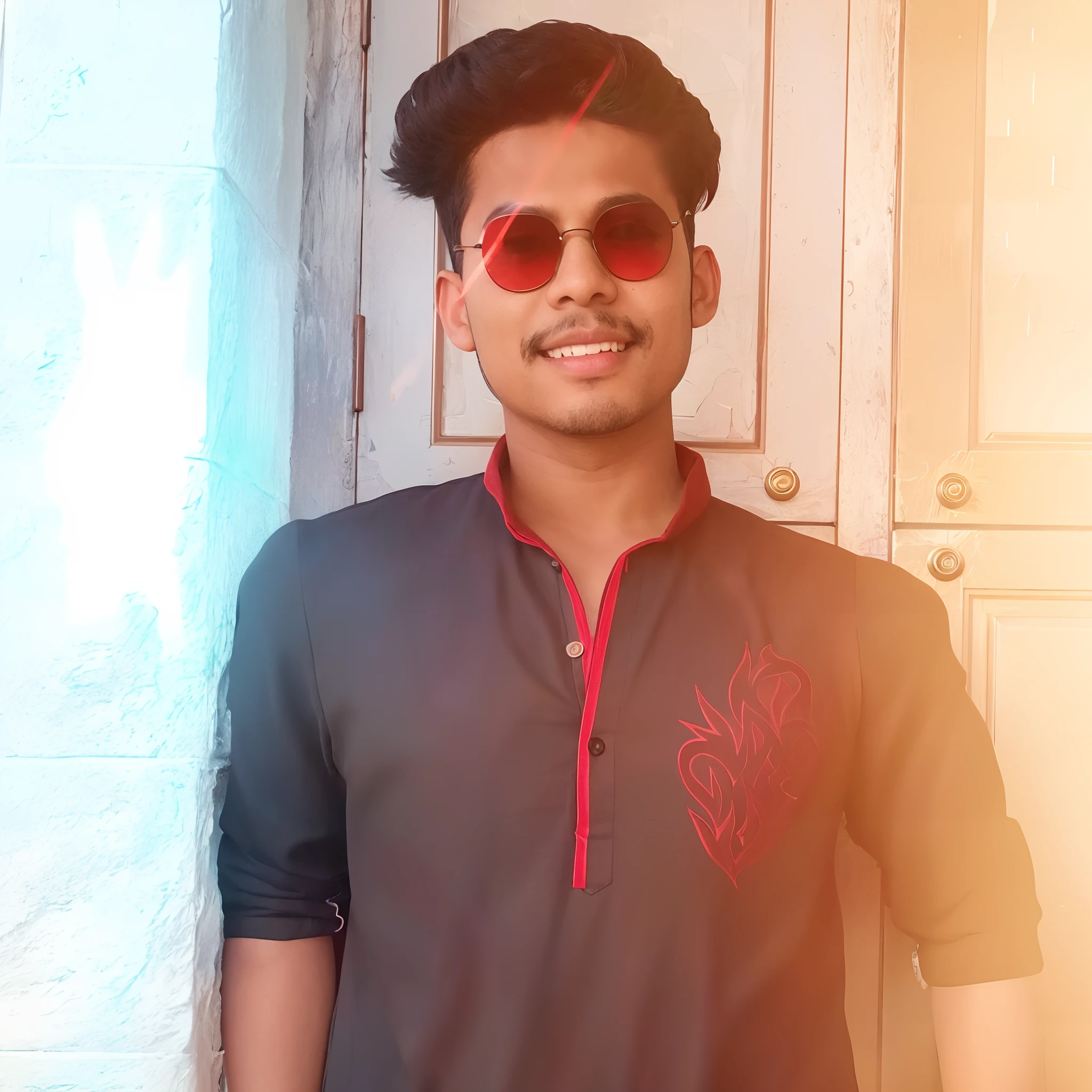 there is a man with sunglasses standing in front of a door, with a cool pose, * colour splash *, candid picture, jayison devadas, edited in photoshop, ayan nag, inspired by Saurabh Jethani, jayison devadas style, full body photogenic shot, with accurate face, profile pic, wearing a kurta, with lovely look
