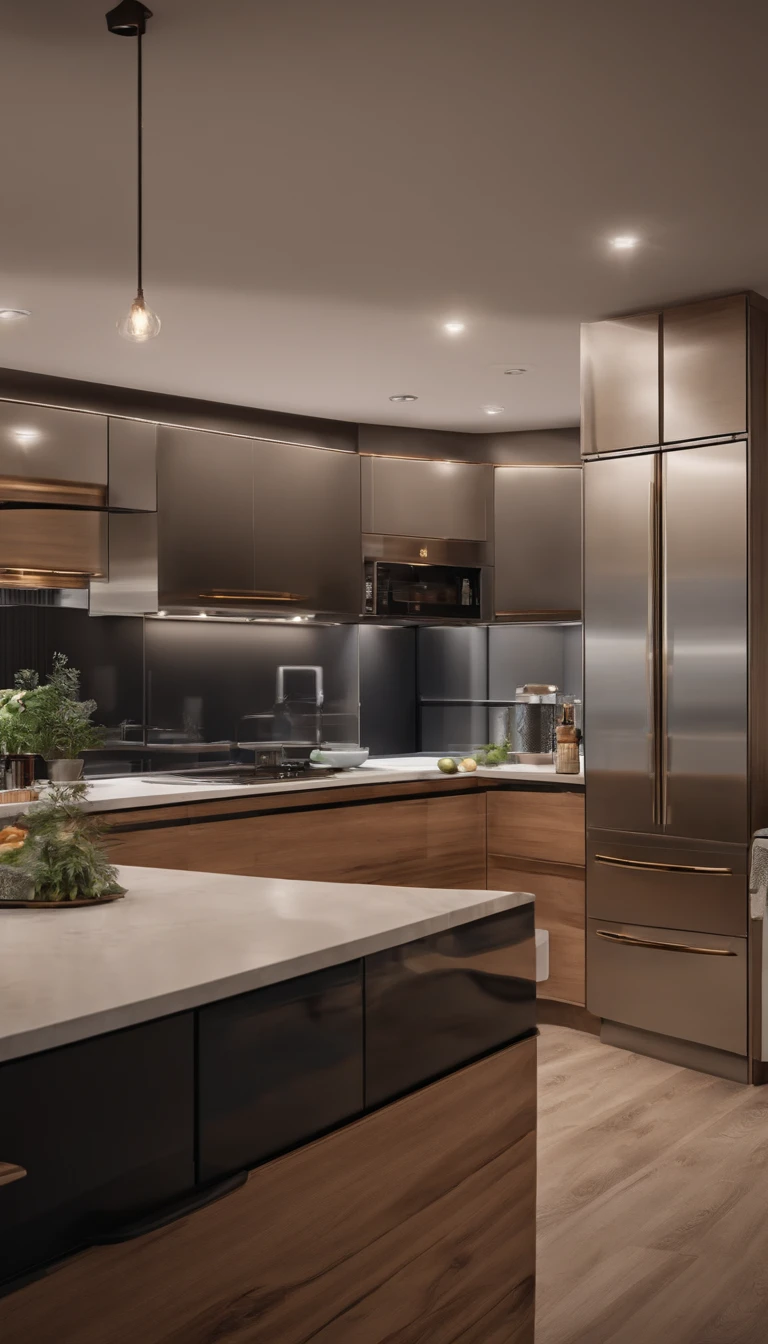 modern kitchen,Gorgeous renovation,refrigerator,cupboard,Wide scene,in a panoramic view,From the outside, hyper HD, High details