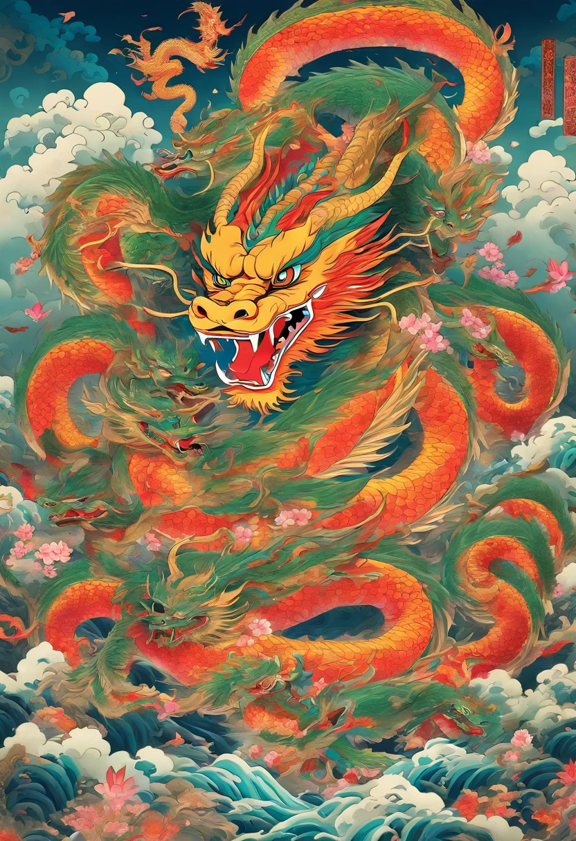 Eight-headed dragon,Hidra, anger expression, Shui Mo Hua, lotuses, Estilo de pintura chinesa, Estilo Thangka