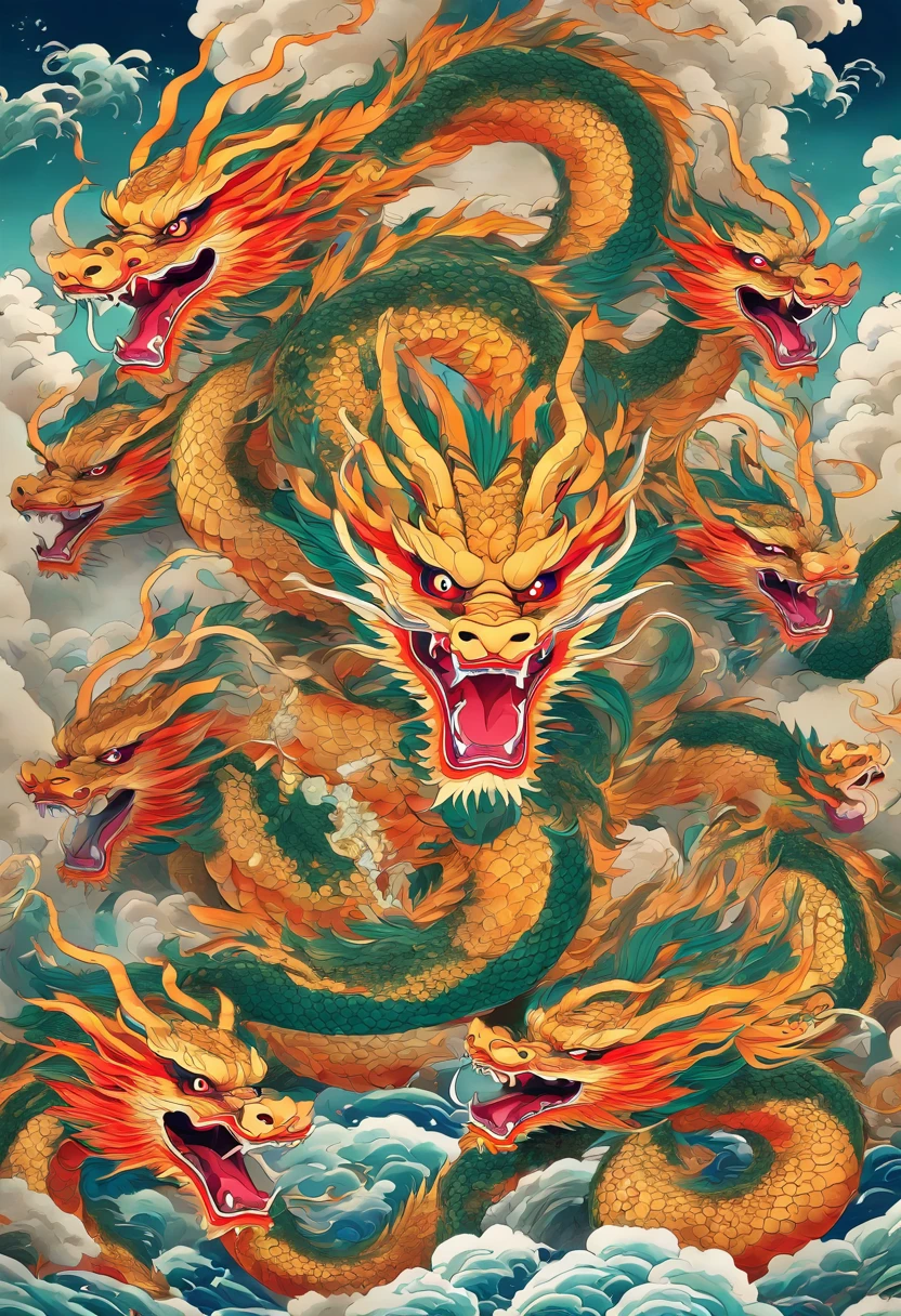 Eight-headed dragon,Hidra, anger expression, Shui Mo Hua, lotuses, Estilo de pintura chinesa, Estilo Thangka