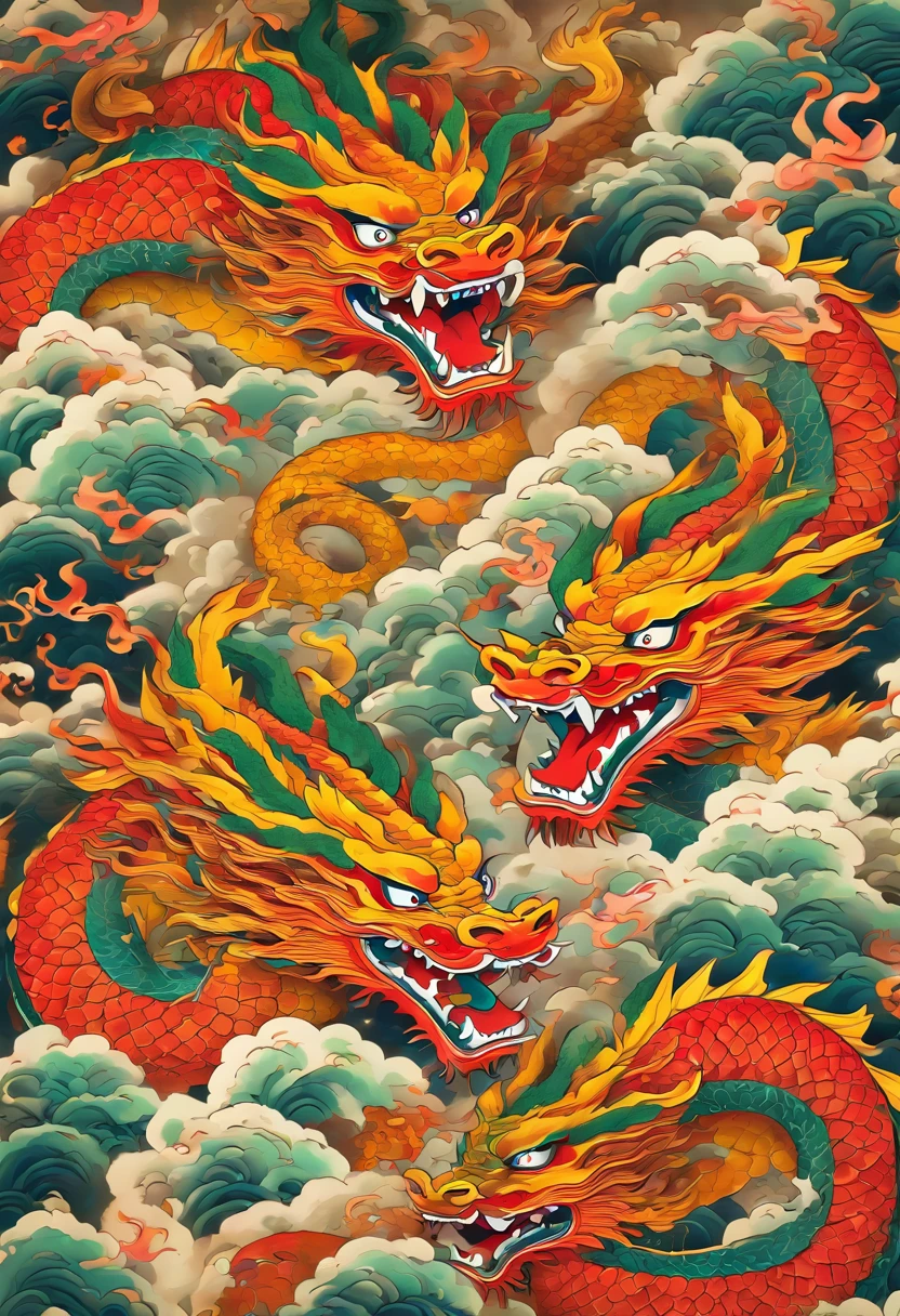 Eight-headed dragon,Hidra, anger expression, Shui Mo Hua, lotuses, Estilo de pintura chinesa, Estilo Thangka