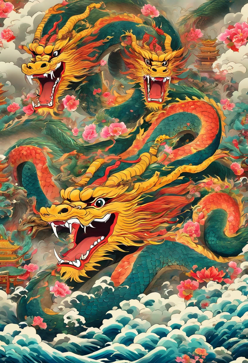 Eight-headed dragon,Hidra, anger expression, Shui Mo Hua, lotuses, Estilo de pintura chinesa, Estilo Thangka