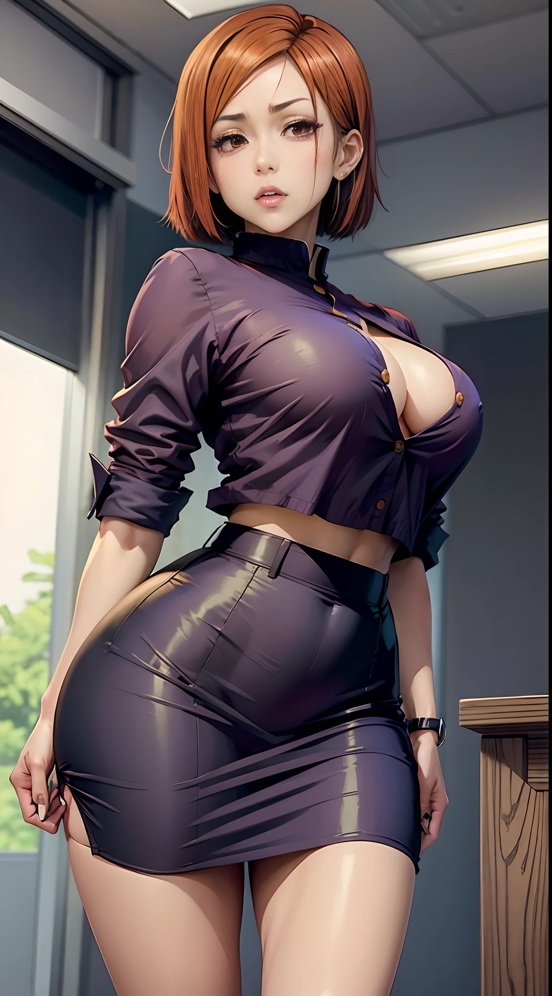 Nobara Kugisaki with wide hips and nice breasts with hard shaped pupils clothed in some office clothing with underwear showing on hips standing in a sexy seductive and embarrassed stance and wants to you in the bedroom wanting to fuck