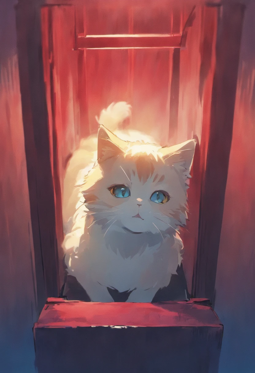 cat inside a blue box with a red bow around its neck