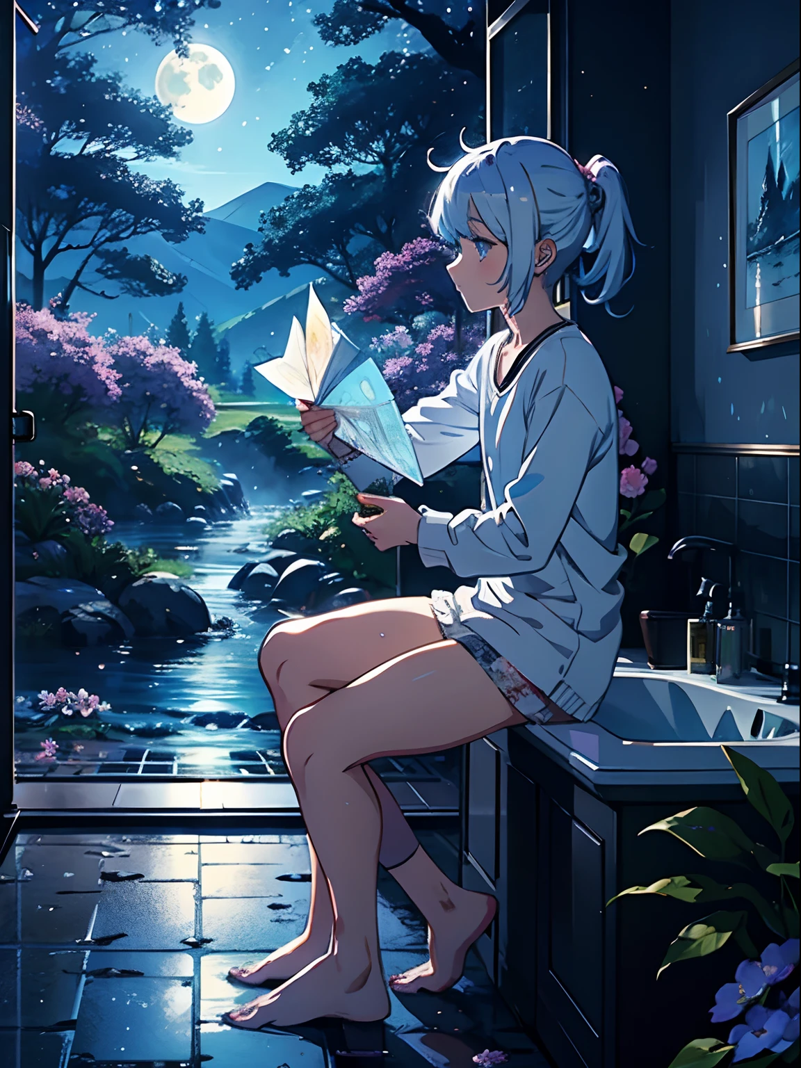 anime man, stars, Luna, In the bathroom, Luminous flowers,mont,Eau,flod,ln the forest,It's all in the map