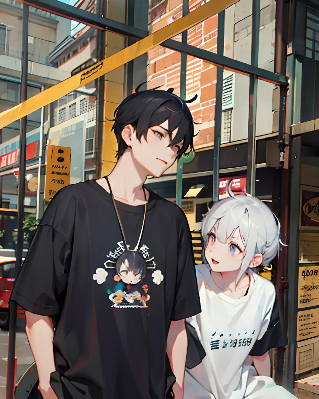 anime boy and girl standing in front of a store with a bus in the background, artwork in the style of guweiz, guweiz, two anime handsome men, 2 d anime style, guweiz on pixiv artstation, kawacy, in anime style, akehiko inoue and ross tran, official fanart, digital anime illustration, modern anime style