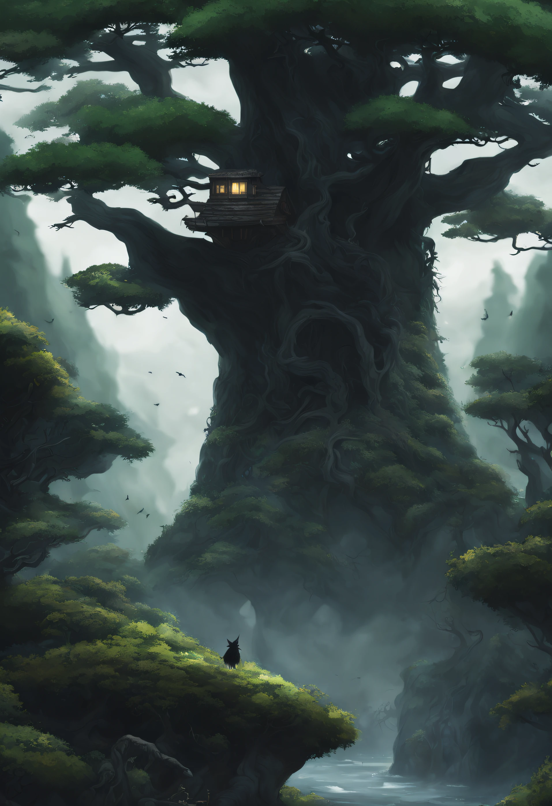 (ultra-detailed,masterpiece:1.2),(best quality,4k,highres),scary shinigami totoro,god of death,beautiful yet dark,scary studio ghibli style land,landscape,horror,portrait,physically-based rendering,vivid colors,sharp focus,bokeh,detailed eyes and face,long eyelashes,dark and mysterious atmosphere,hauntingly beautiful,enchanted forest,ominous clouds,glowing eyes,creepy creatures,cryptic symbols,whispering winds,lush greenery,misty haze,ethereal lighting,ominous shadows,dark and twisted trees,haunting melodies,solemn and eerie silence,ancient ruins,foreboding presence,mystical secrets,hidden paths,forgotten memories,unseen magic,unearthly beauty,inspired by Hayao Miyazaki,black and white with pops of vibrant colors