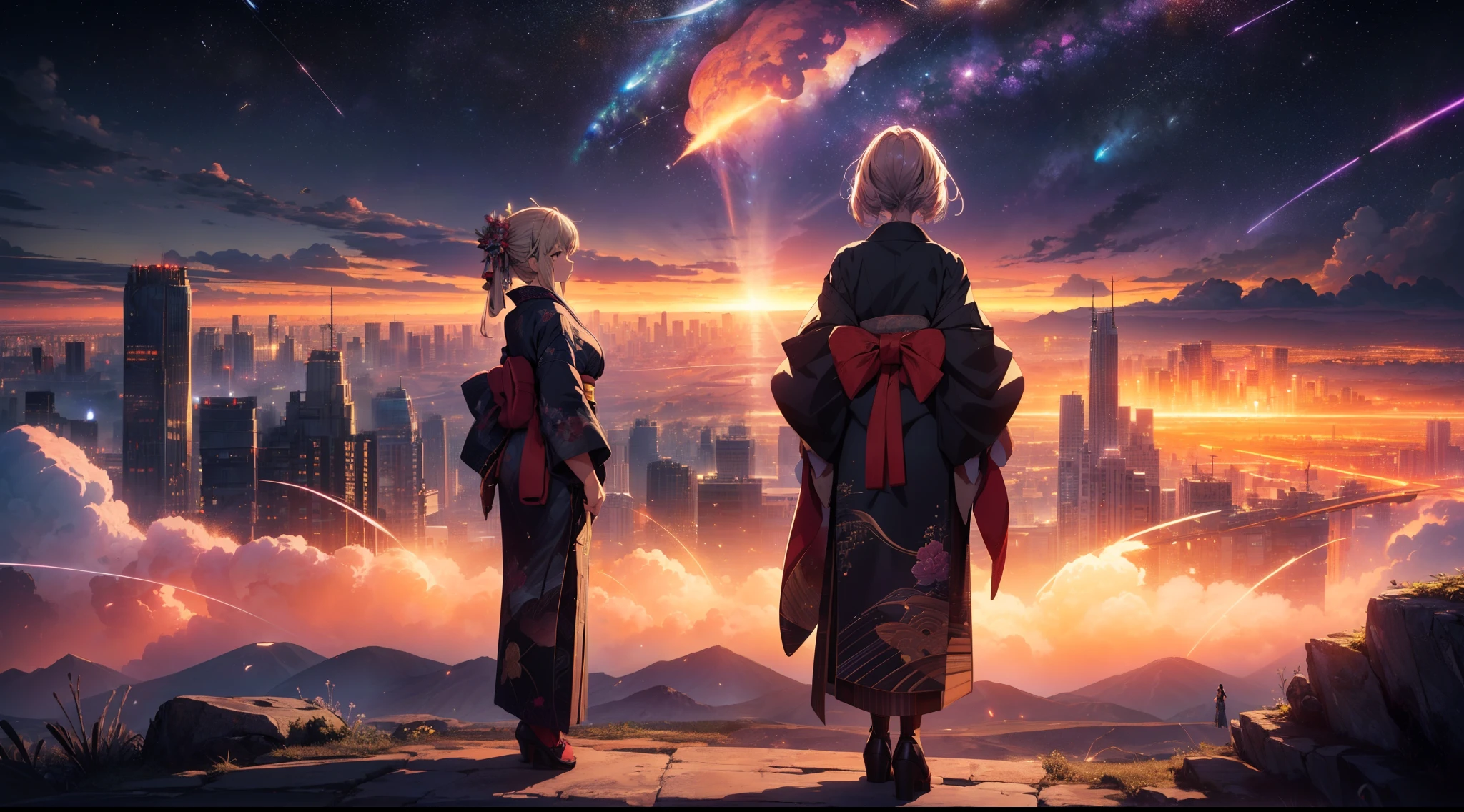 1 girl, ((very wide shot)), full body, kimono,((meteorites in the distance)) , (from behind) ,(((looking away))),((background Western style city)) , lightnings, high resolution,(incredibly absurdres),anime visual,extremely detailed CG unity 8k wallpaper, ((masterpiece)), ((top-quality)), (beautiful illustration), ((an extremely delicate and beautiful))