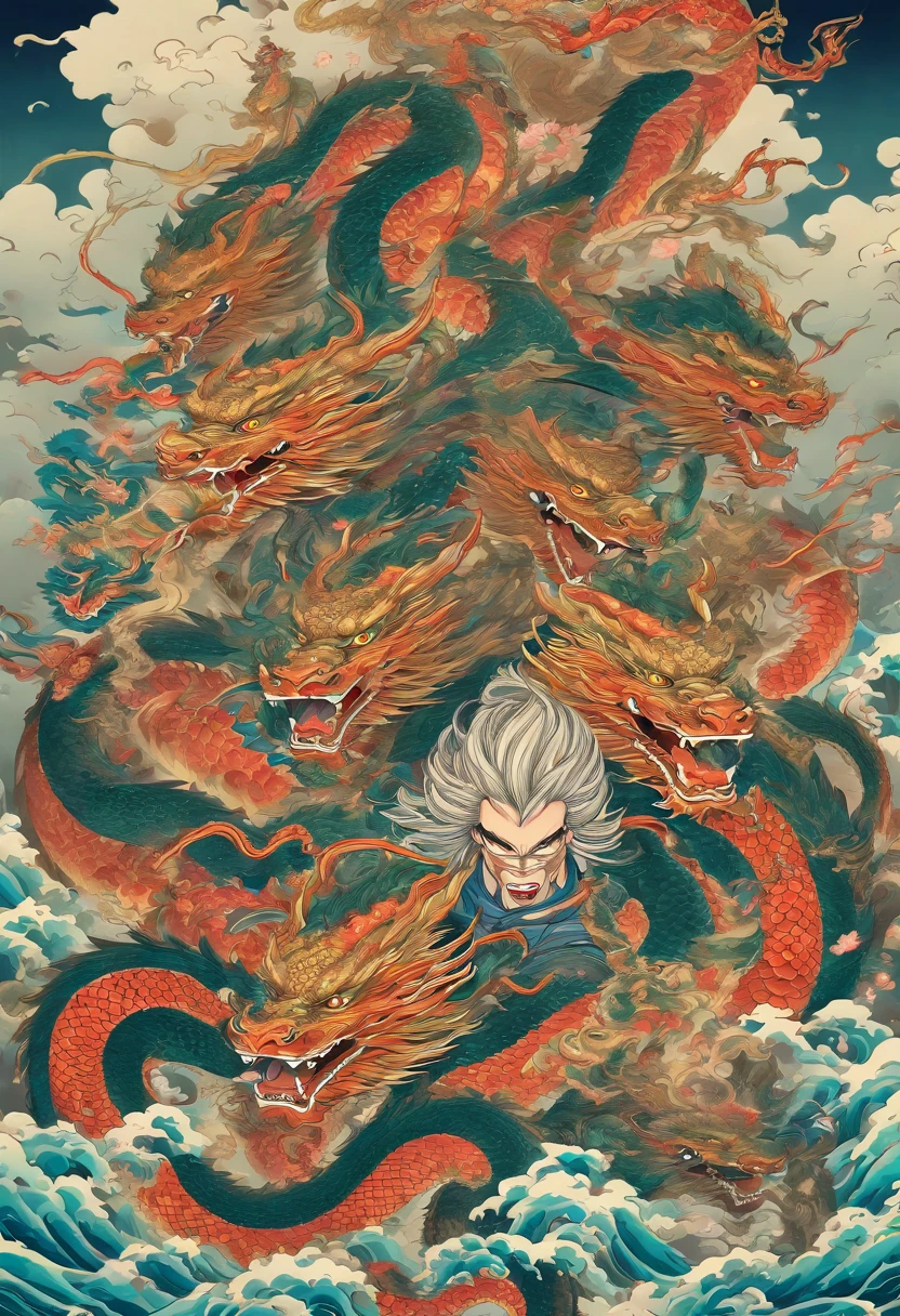 Eight-headed dragon,Hidra, homem cabelos pretos,Samurai,espada Katana, Shui Mo Hua, lotuses, Estilo de pintura chinesa, Estilo Thangka