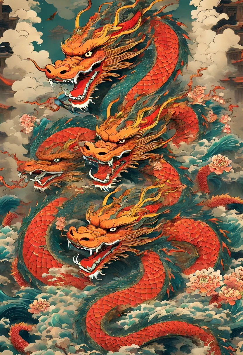 Eight-headed dragon,Hidra, homem cabelos pretos,Samurai,espada Katana,  Shui Mo Hua, lotuses, Estilo de pintura chinesa, Estilo Thangka