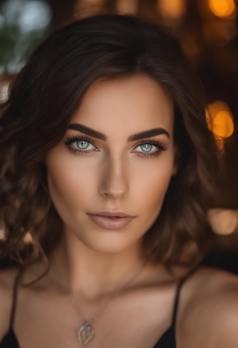 Arafed woman with a white tank top and necklace, dans un bar, fille sexy aux yeux bleu clair, Portrait Sophie Mudd, cheveux courts bruns et grands yeux, selfie of a young woman, Yeux de chambre, Violet Myers, sans maquillage, maquillage naturel, looking straight at camera, Visage avec Artgram, Maquillage subtil, Superbe photo du corps entier, piercing green eyes, Bel angle, pose attrayante, fille mignonne, sexy pose, Image du corps entier, corps entier, Prise de vue du corps entier, brunette goddess, High detail, pose satisfaite,