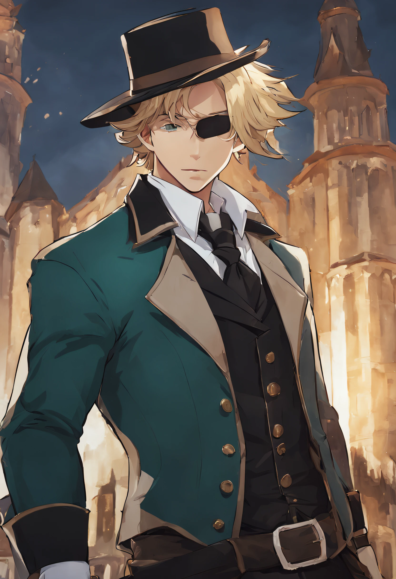 1boys, (Man), manly body, anime big breast, Extremely detailed, ultra - detailed, (Broad shoulders), (Perfect face), illustration, Soft lighting, 2D, Intricate, Cowboy shot, Detailed eyes, Blonde hair, Short hair, teal eyes, Sexy, shades, Black Tailcoat, (outside), castle towers