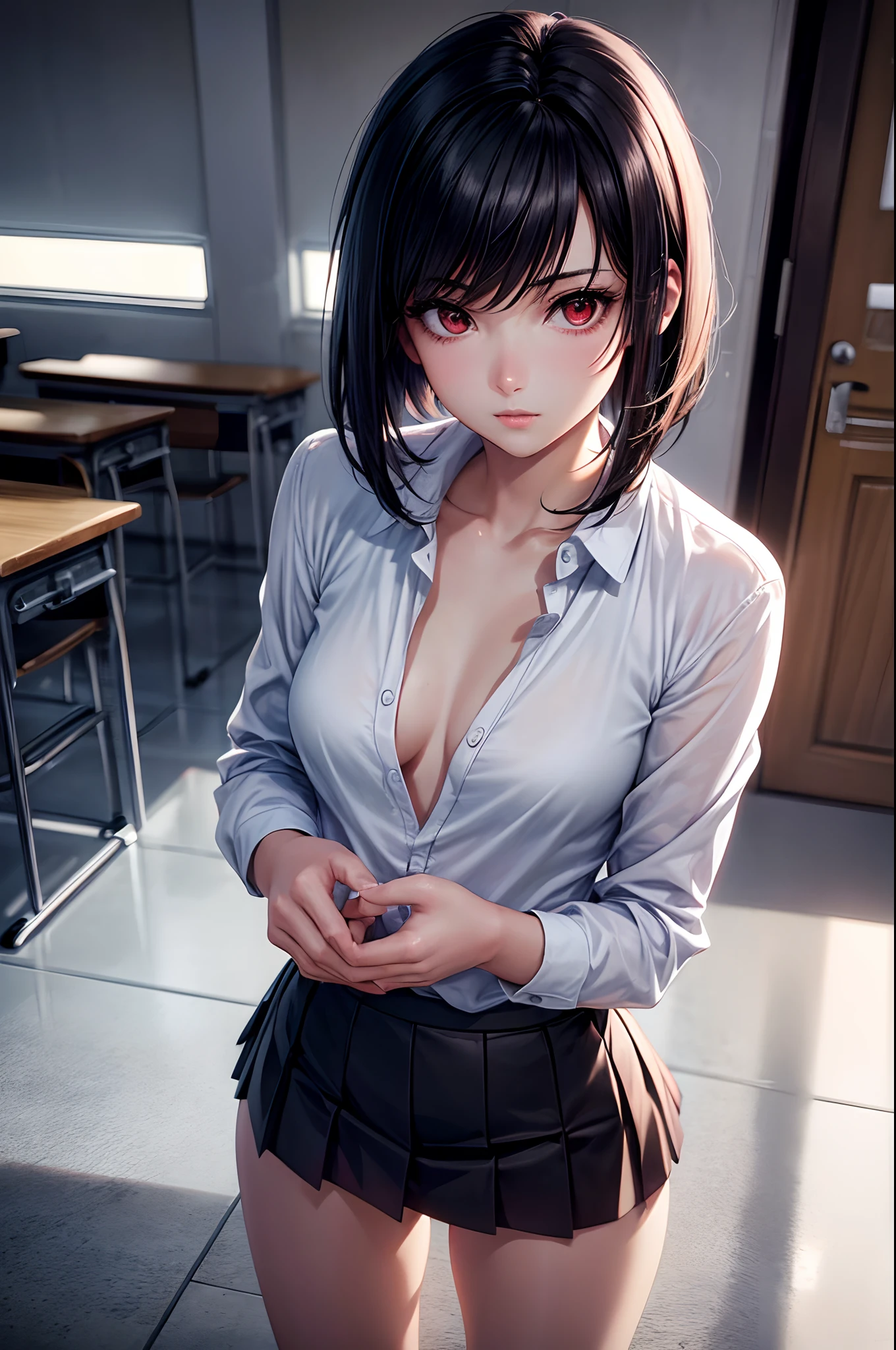 1girl, beautiful girl, Body Length 150 cm, 20 years old, (short hair), (black hair, street Hairstyle) , (Red eyes), realistic eyes, beautiful and sharp eyes), School uniform clothes, small breasts, (8k wallpaper), (class room wallpaper) 8k, high quilty, realistic, beautiful realistic, Cool details, raw photo, realistic clothing, black hair, realistic hair, realistic eyes, Light and cool lighting, photo realistic, Cel shaded, Gel lighting, ultra details, ((anime style))