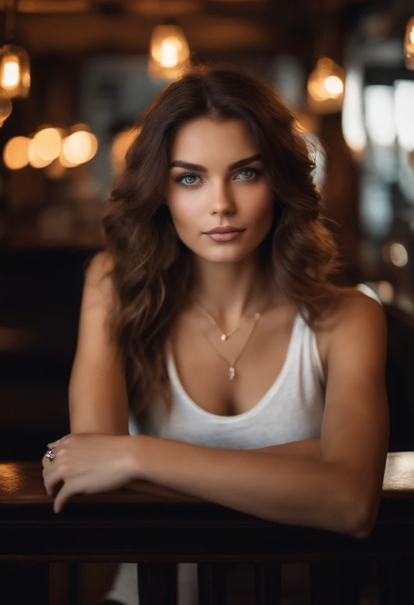 Arafed woman with a white tank top and necklace, dans un bar, fille sexy aux yeux bleu clair, Portrait Sophie Mudd, cheveux courts bruns et grands yeux, selfie of a young woman, Yeux de chambre, Violet Myers, sans maquillage, maquillage naturel, looking straight at camera, Visage avec Artgram, Maquillage subtil, Superbe photo du corps entier, piercing green eyes, Bel angle, pose attrayante, fille mignonne, sexy pose, Image du corps entier, corps entier, Prise de vue du corps entier, brunette goddess, High detail, pose satisfaite, very natural without makeup, cheveux lisse