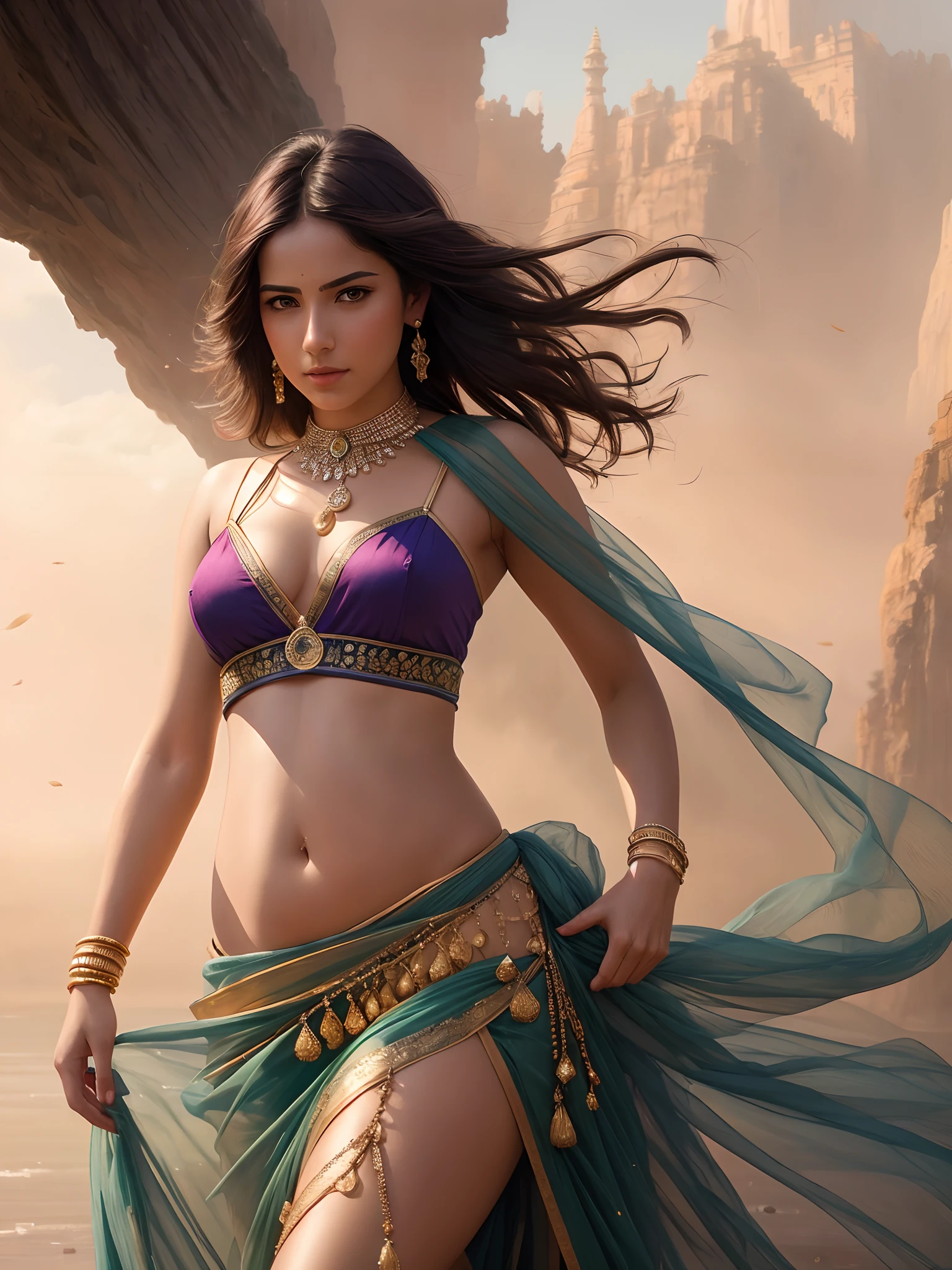 modelshoot style, ( 8k wallpaper), full shot body photo of the most beautiful artwork in the world, stunningly beautiful photo realistic cute women in saree (navel:1.5), professional majestic oil painting by Ed Blinkey, Atey Ghailan, Studio Ghibli, by Jeremy Mann, Greg Manchess, Antonio Moro, trending on ArtStation, trending on CGSociety, Intricate, High Detail, Sharp focus, dramatic, photorealistic painting art by midjourney and greg rutkowski