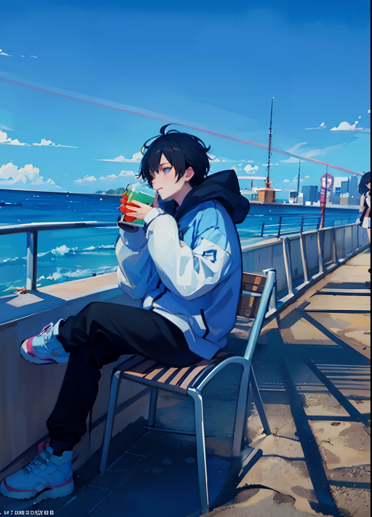 anime boy sitting on a bench with a drink in his hand, lofi artstyle, anime style 4 k, artwork in the style of guweiz, 4k anime wallpaper, sitting at the beach, by Yuumei, relaxing at the beach, anime art wallpaper 8 k, high quality anime artstyle, makoto shinkai cyril rolando
